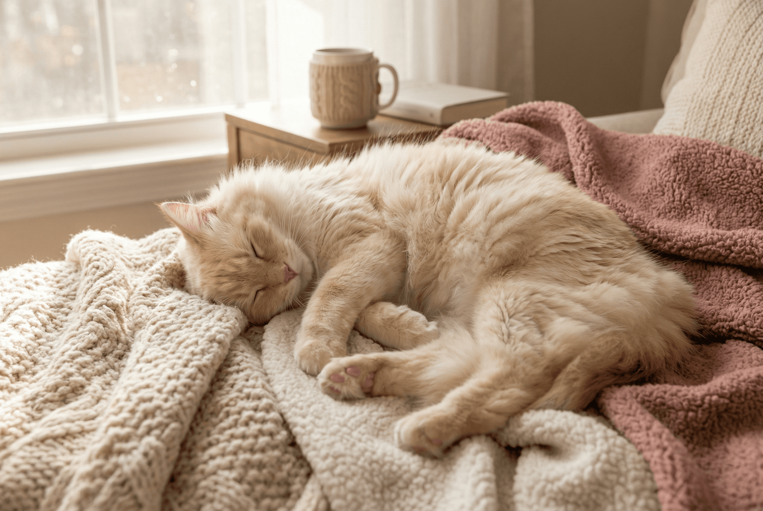Cream cat sleeping by window